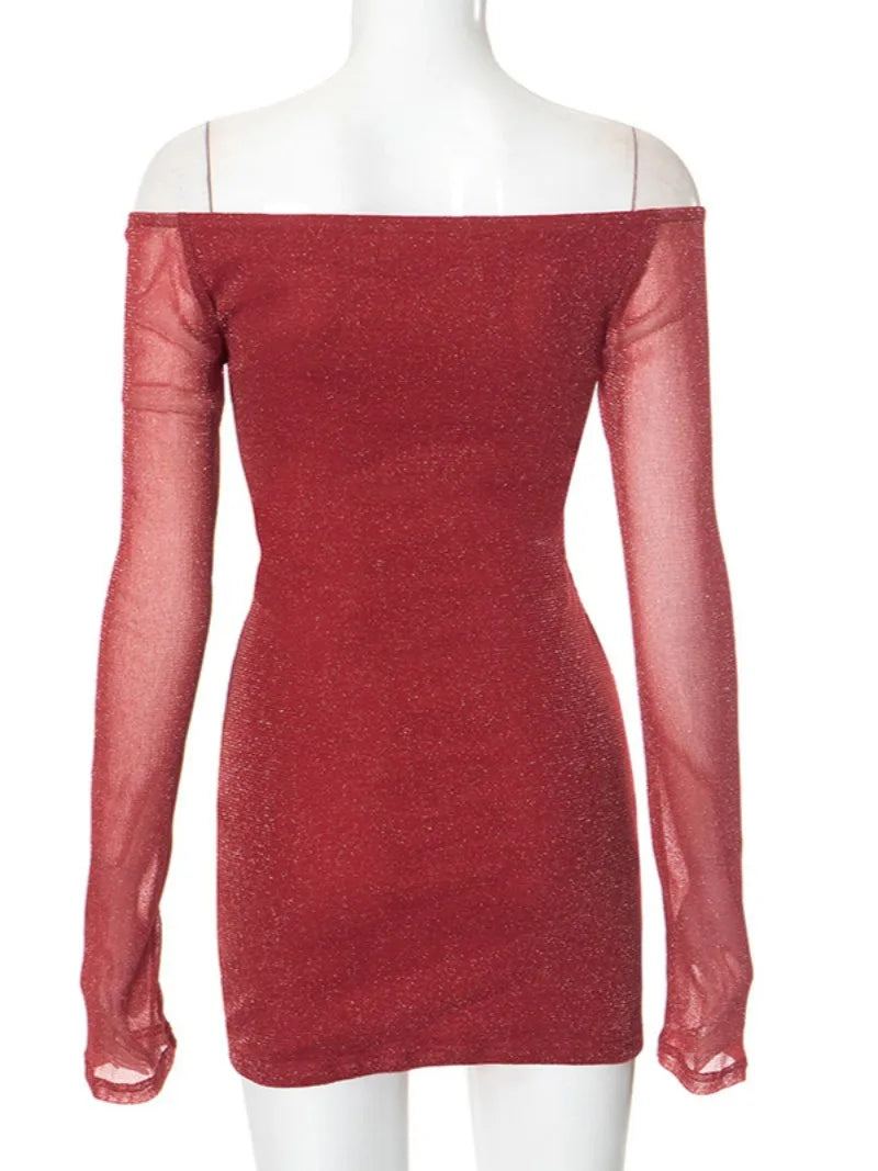 Red Rhinestone Slash Neck Mesh Patchwork Long Sleeve Party Dress