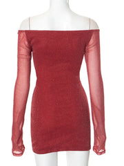 Red Rhinestone Slash Neck Mesh Patchwork Long Sleeve Party Dress
