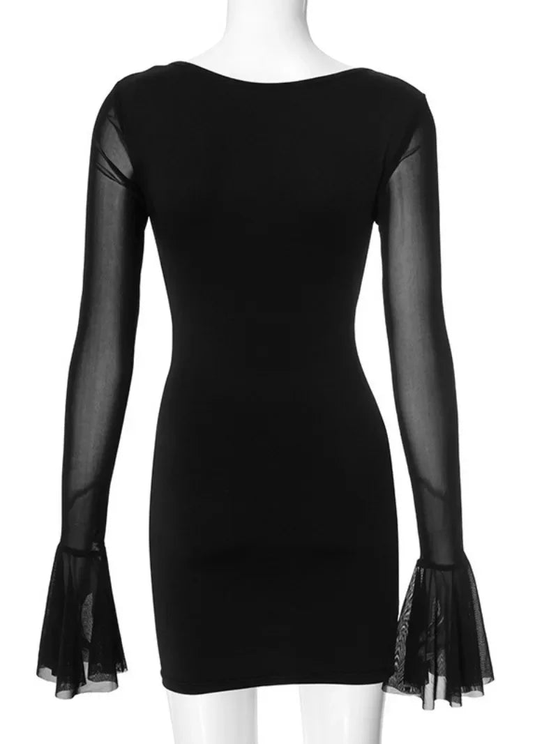 Women's Elegant V-Neck Black Mesh Patchwork Flare Sleeve Dress