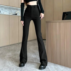 Coffee Colored High Waist Micro Flared Pants with Double Pockets