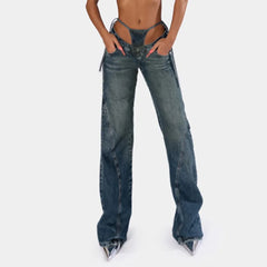 Women's Blue Cutout Low Waist Straight Leg Denim Jeans with Pockets