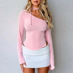 Inclined Collar Pink Long Sleeve Aesthetic Tee for Women