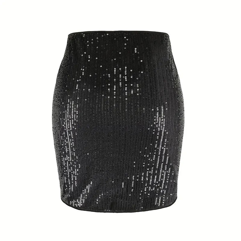 Women's Vintage High Waist Sequined Black Silver Pencil Mini Skirt