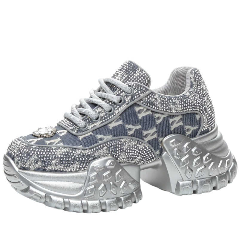 Women's Denim Fabric Crystal Luxury Chunky Sneakers