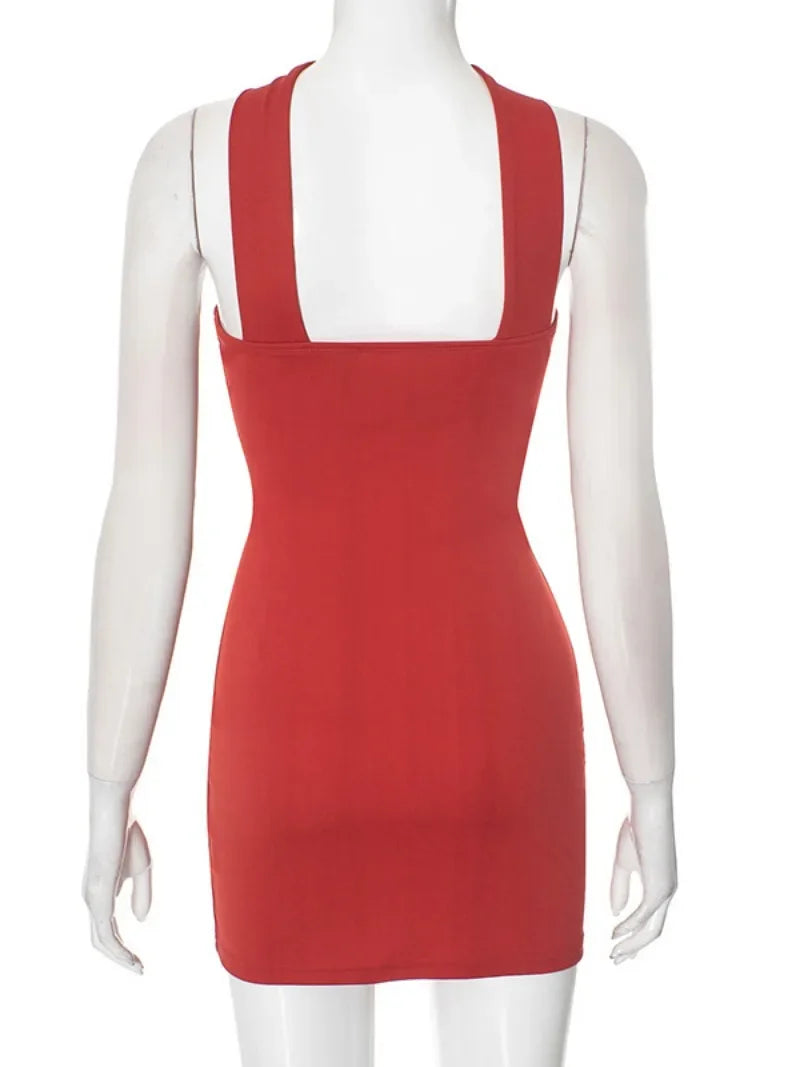 Women's Red Halter Wrap Dress with Hollow Out Detail for Parties