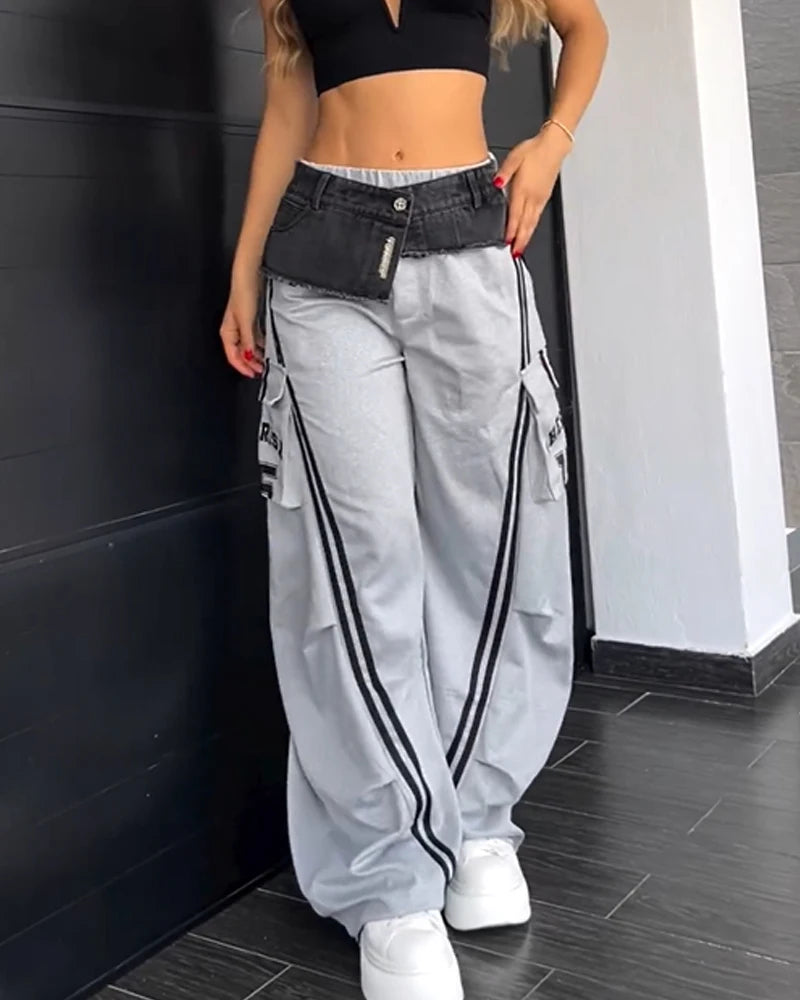 Fashion Women Denim Patchwork High Waisted Loose Trousers