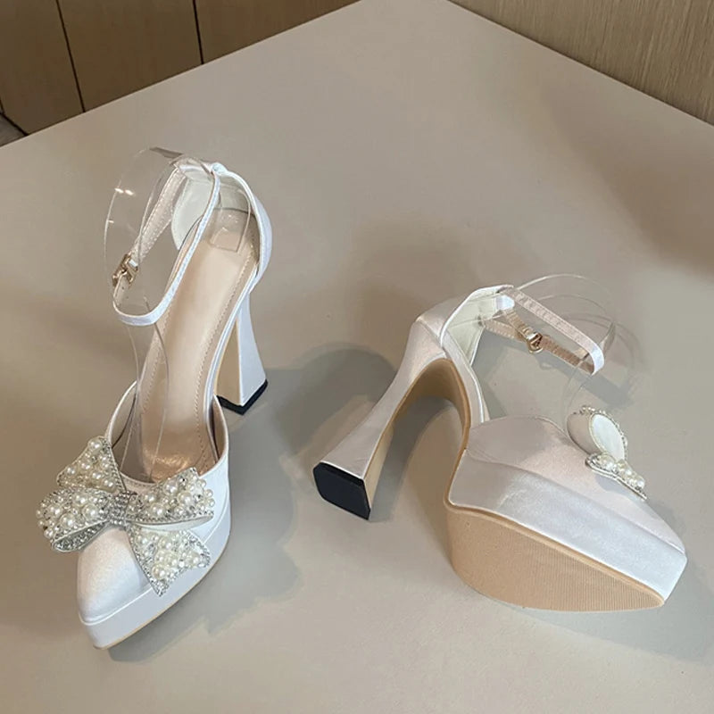 Women's White Pearl Bowknot High Heels Platform Sandals