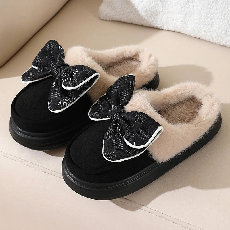 Women's Cute Bow Plush Home Slippers for Autumn and Winter