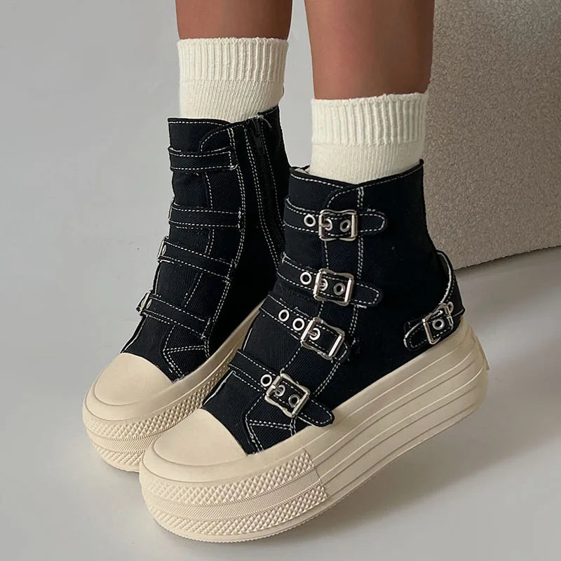 Women's High-Top Platform Canvas Boots – Buckle & Zipper Casual Sneakers