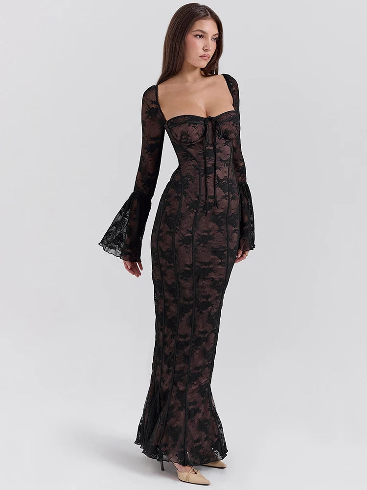 Lace Print Maxi Dress with Flare Sleeves and Backless Design