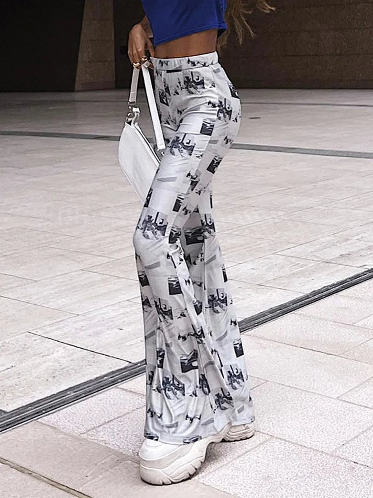 Y2K Casual Print Slim Flare Pants for Women Streetwear Trousers