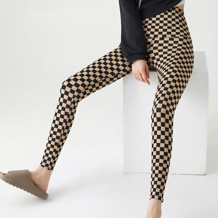 Women's Khaki Checkerboard Plaid Shark Leggings High Waist Seamless