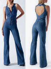 Backless Heart Cutout Denim Bodycon Jumpsuit for Women Casual Slim