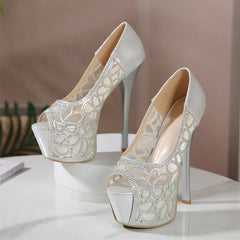 Elegant Women Wedding Banquet Shoes Peep Toe Crystal High Heels