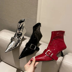 Women's Patent Leather Ankle Boots with Pointed Toe and Zipper