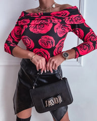 Women's Elegant Rose Print One Shoulder Long Sleeve Blouse