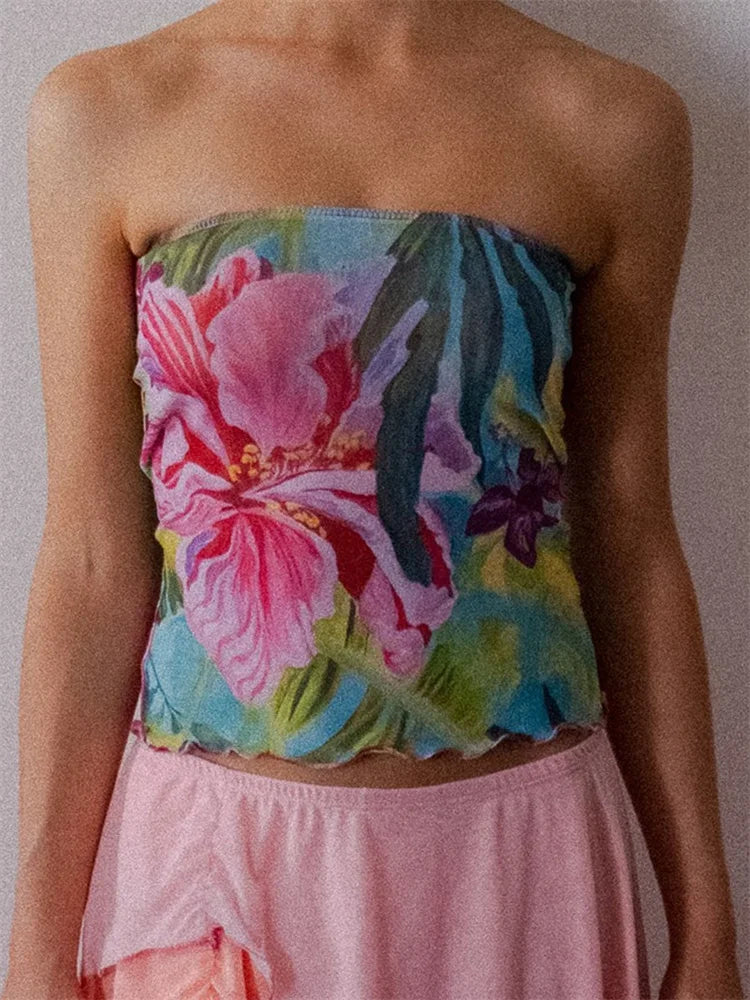 Women's Flower Print Off-Shoulder Crop Tube Top Mini Vest