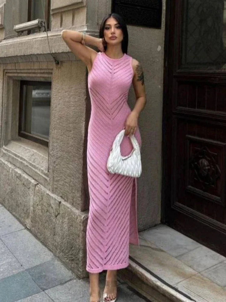 High Waist Long Sleeve Hollow Out Knitwear Maxi Dress