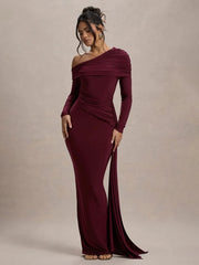 Skew Collar Long Sleeve Backless Draped Ruched Bodycon Maxi Dress