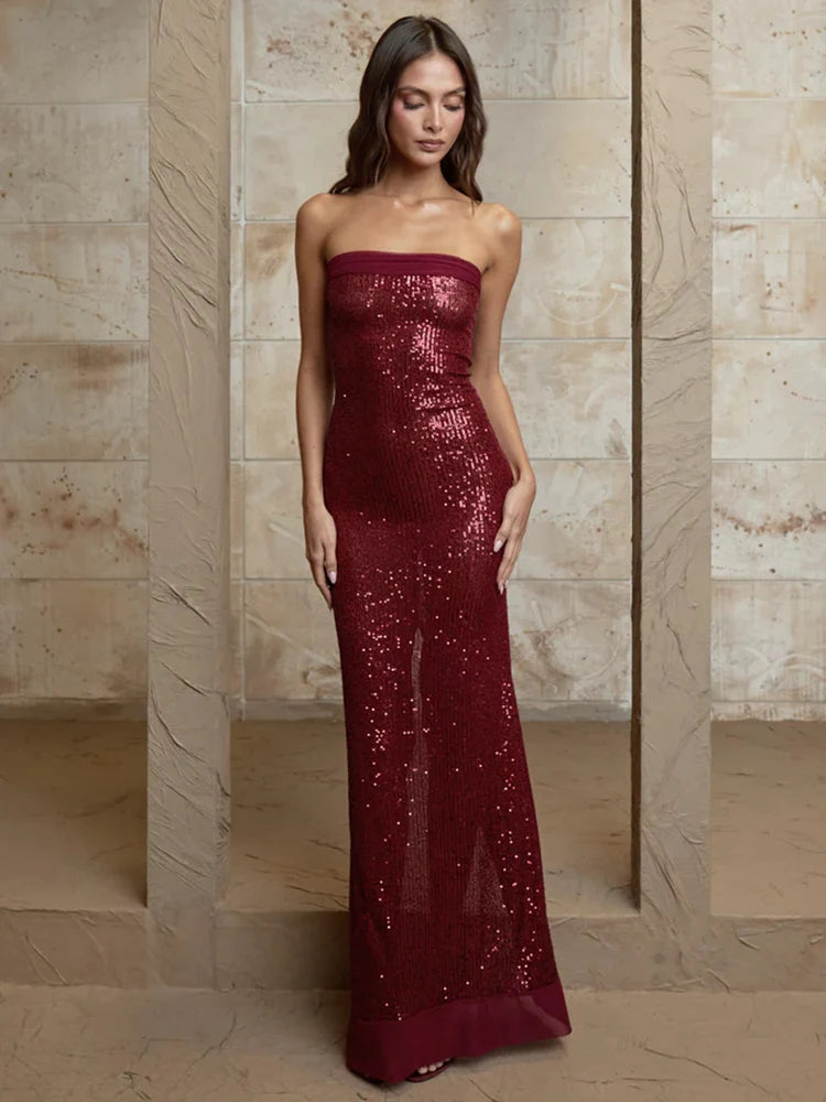 Strapless Sequin Maxi Dress with High Split