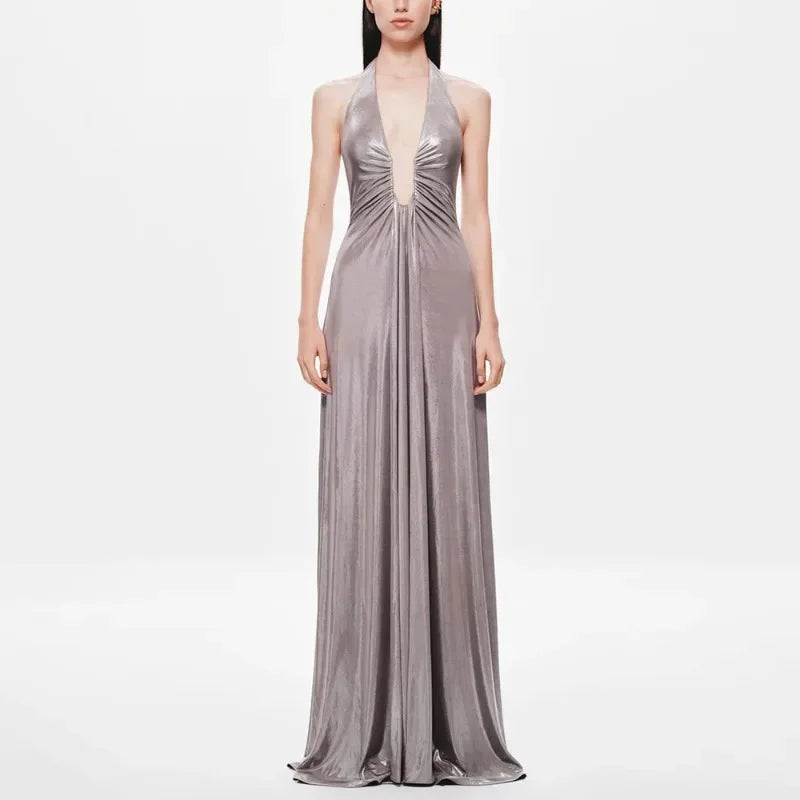 Deep V Halter Neck Long Dress for Luxurious Evening Events