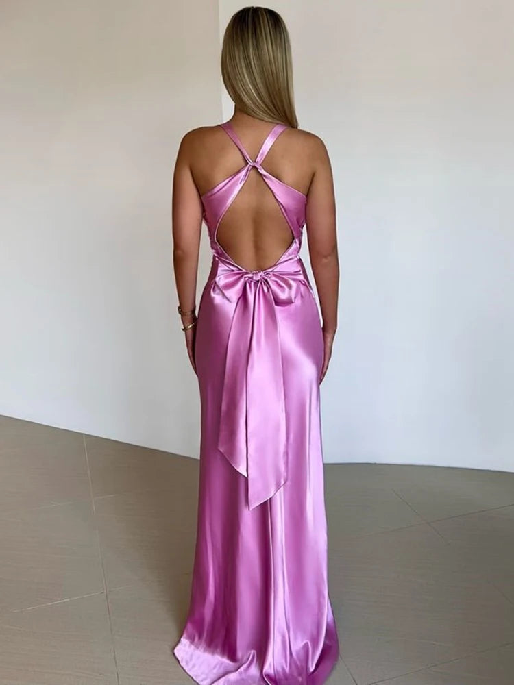 Robe longue dos nu en satin avec nœud pour femme