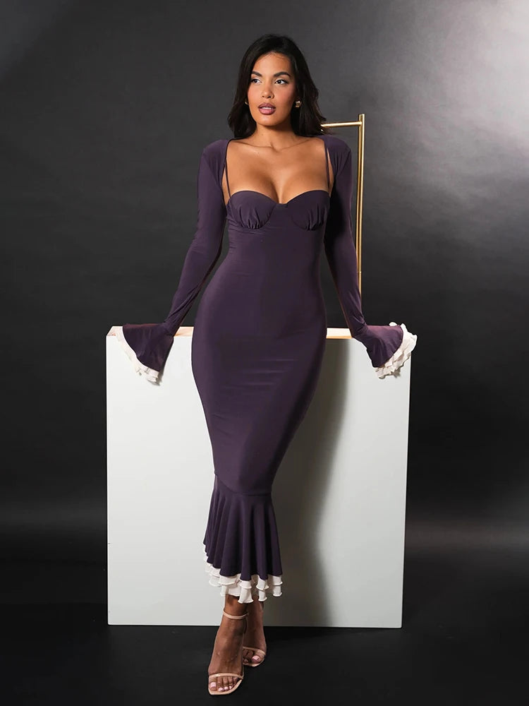 Long Sleeve Maxi Dress with Square Collar and Fishtail Hem