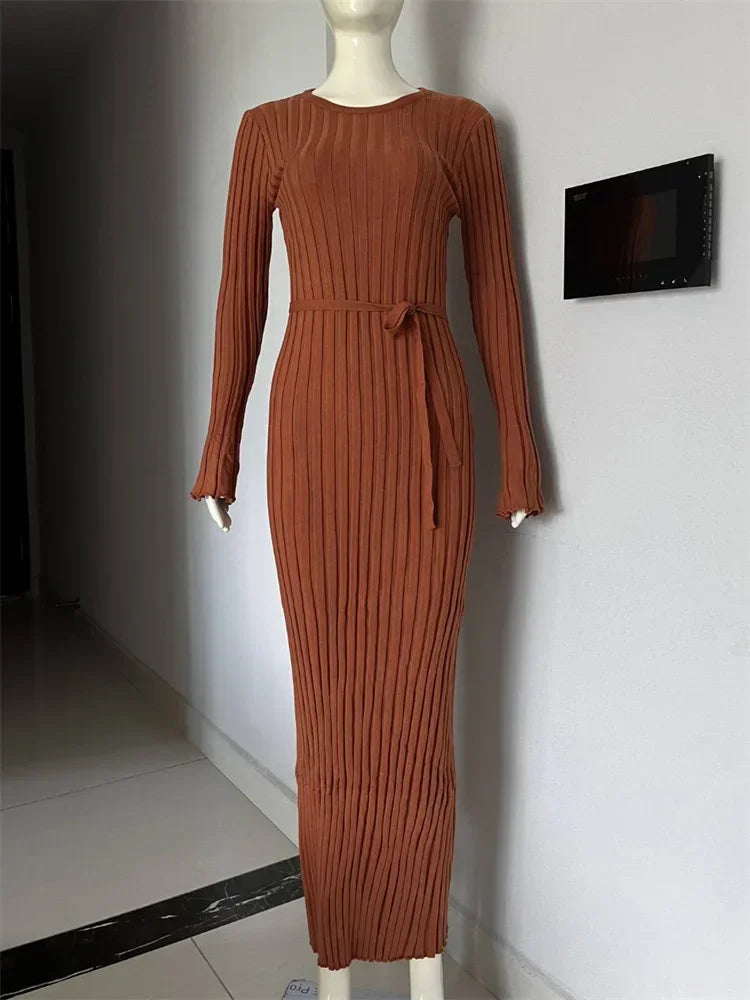 Autumn Knit Maxi Dress with High Waist and Patchwork Design