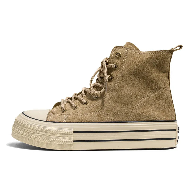 Unisex High-Top Platform Sneakers – Beige Canvas Thick-Sole Lace-Up Shoes