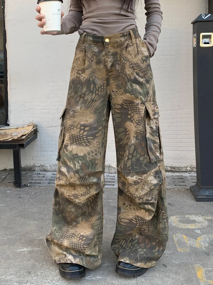 Pantalon ample camouflage à jambes larges pour femme – Pantalon cargo streetwear