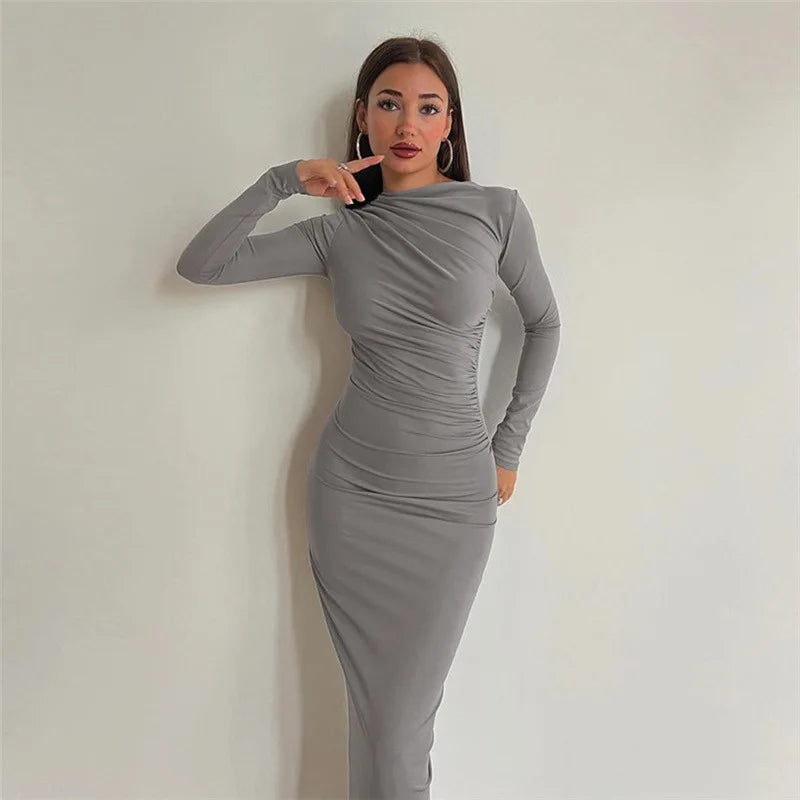 Ruched Long Bodycon Dress for Women - Perfect for Club Parties