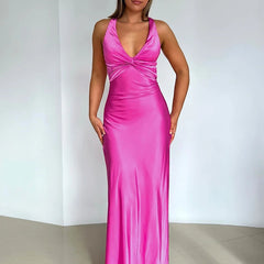 Satin Bow Backless Maxi Dress for Women