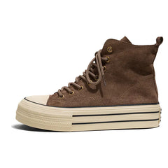 Unisex High-Top Platform Sneakers – Beige Canvas Thick-Sole Lace-Up Shoes