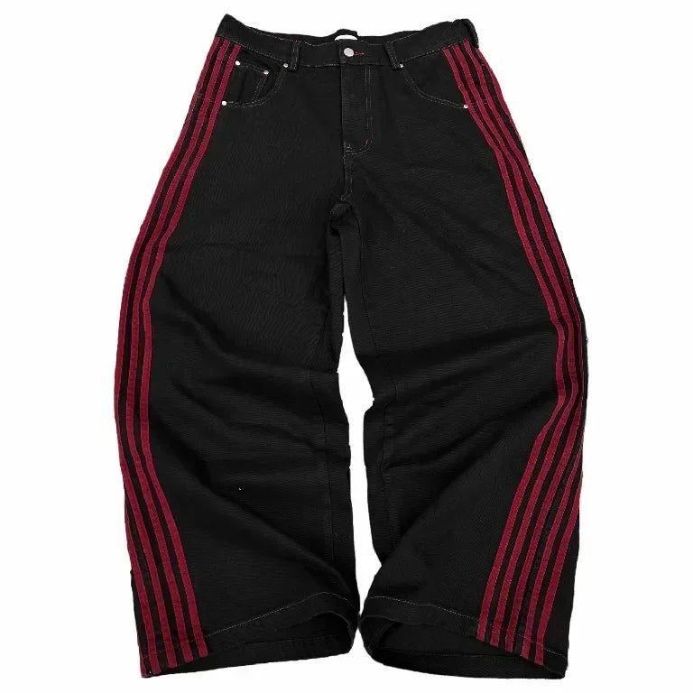 Baggy Striped Embroidered Jeans for Men and Women, Casual Streetwear