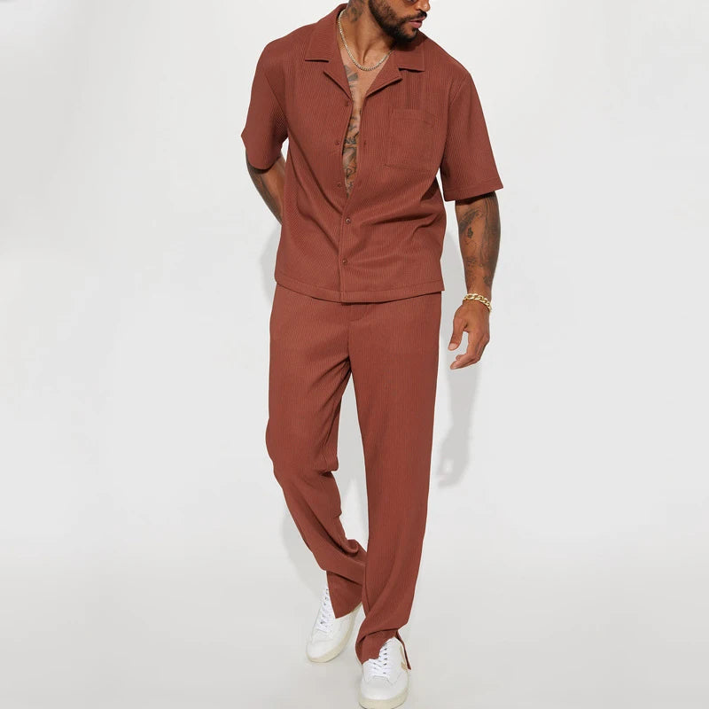 Ensemble d'été chemise boutonnée à manches courtes et pantalon pour homme