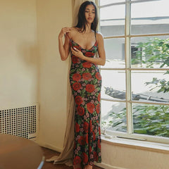 Elegant Draped Slip Maxi Dress with Floral Print