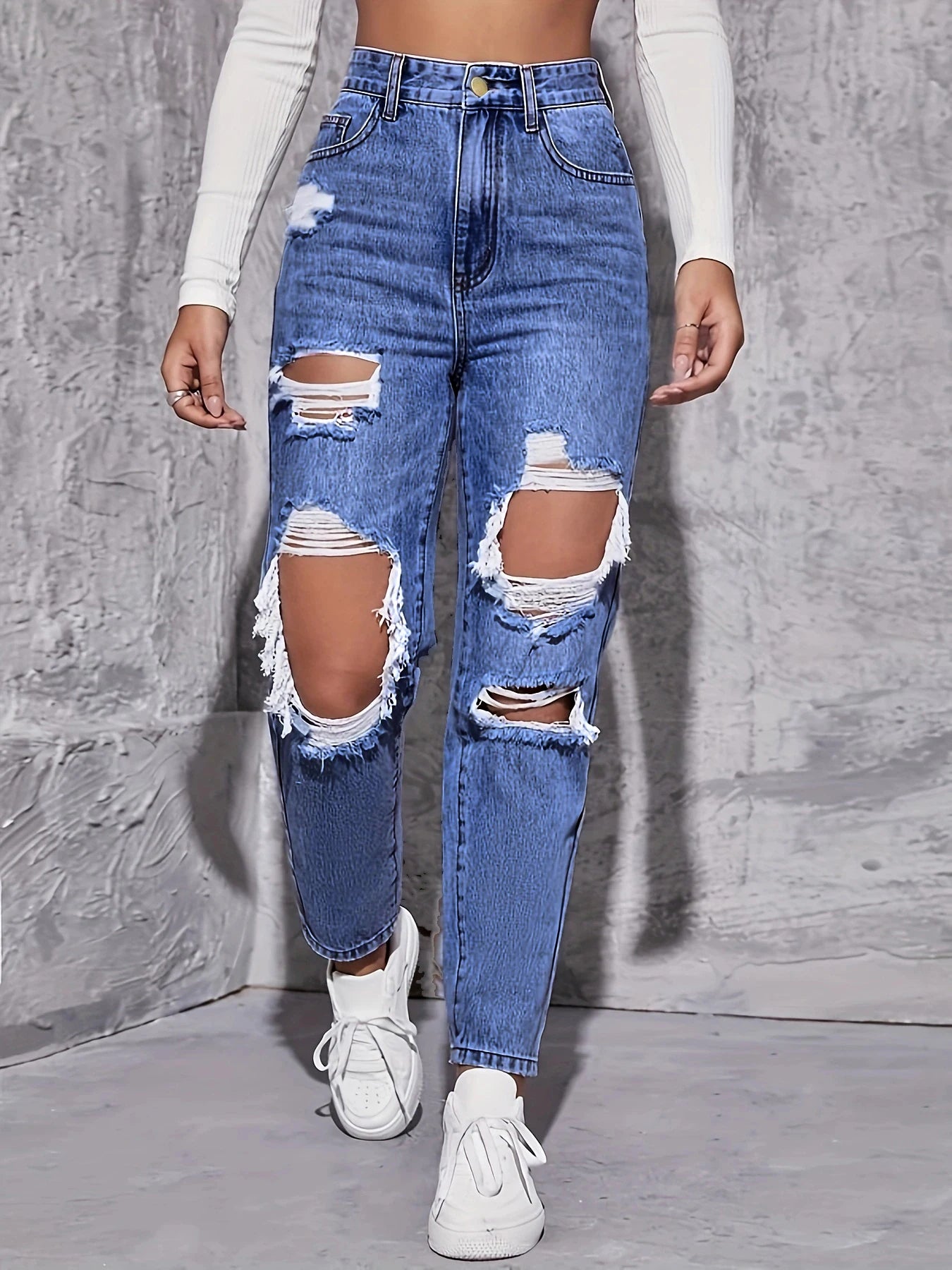 Jean slim ample taille haute à trous style rétro américain pour femme 