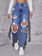 Jean slim ample taille haute à trous style rétro américain pour femme 