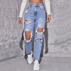 American Retro Hole-Punched High Waist Loose Slim Jeans for Women