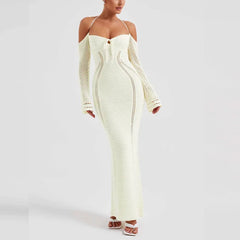 White Off Shoulder Halter Knit Dress with Backless Design