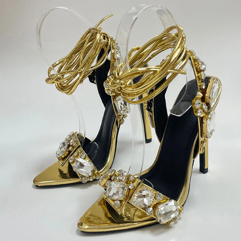 Gold Ankle Strap Sandals with Crystal Diamond Pointed Toe