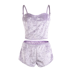 Hot Women Velvet Spaghetti Strap Pajama Set with Shorts