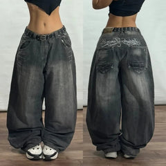 Women's Embroidered Baggy Jeans High Waist Wide Leg Pants