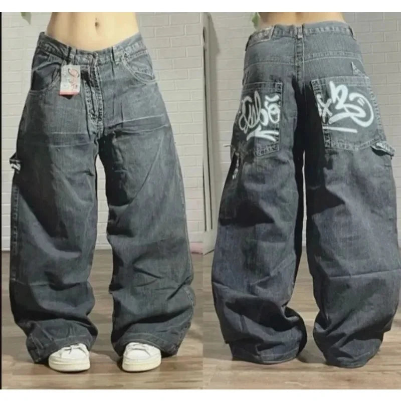 Women's Embroidered Baggy Jeans High Waist Wide Leg Pants