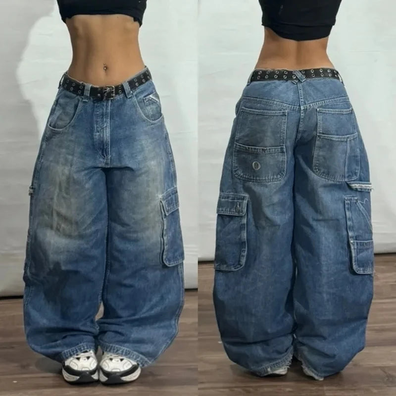 Unisex Baggy Deconstruction Tassel Jeans with Big Pockets