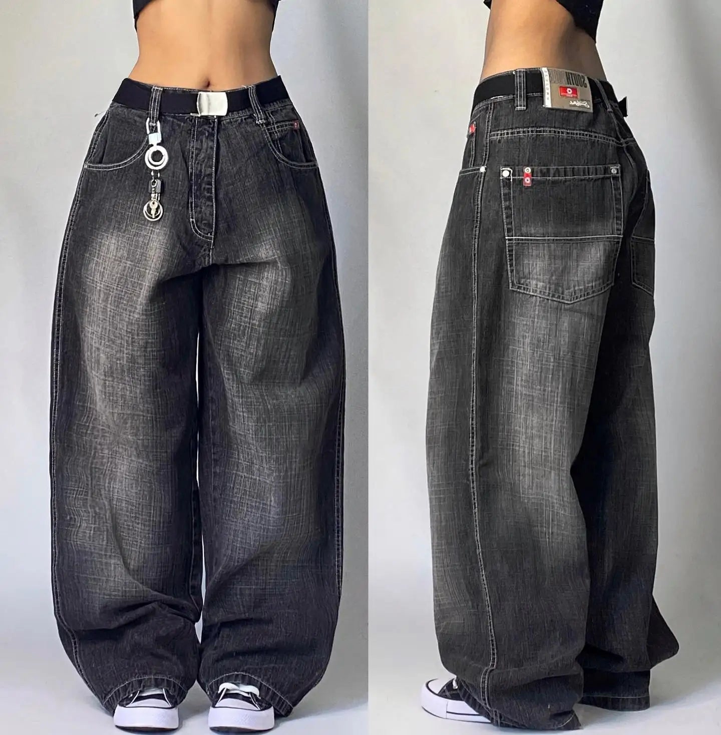 Women's Embroidered Baggy Jeans High Waist Wide Leg Pants