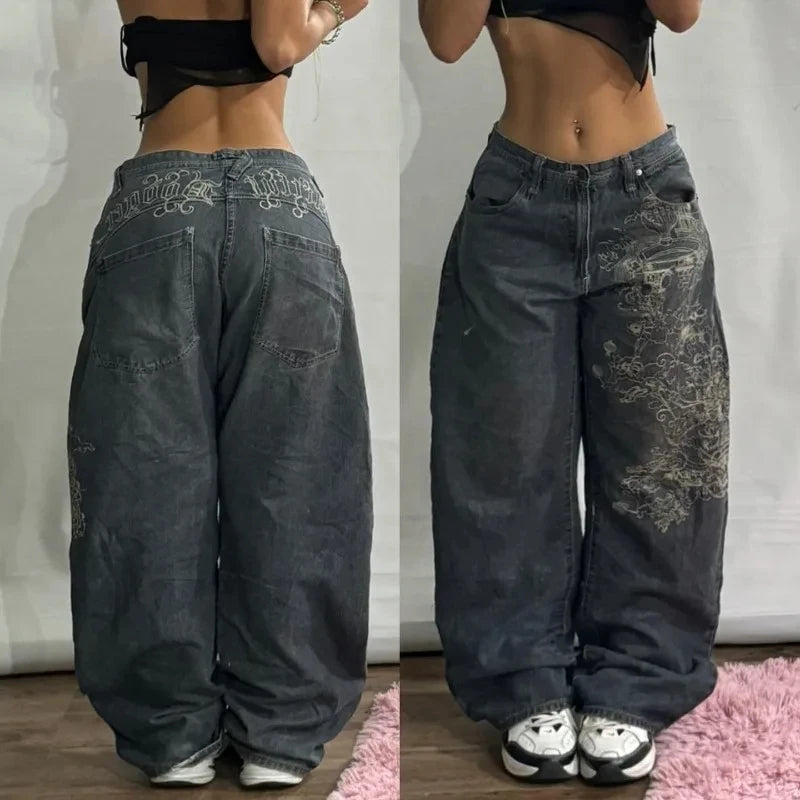 Women's Embroidered Baggy Jeans High Waist Wide Leg Pants