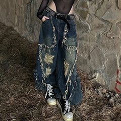 Unisex Baggy Deconstruction Tassel Jeans with Big Pockets