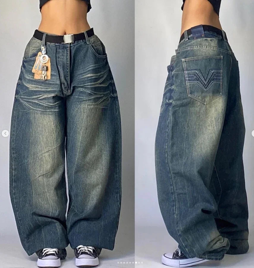 Jean droit taille haute baggy bleu délavé pour femme avec poches