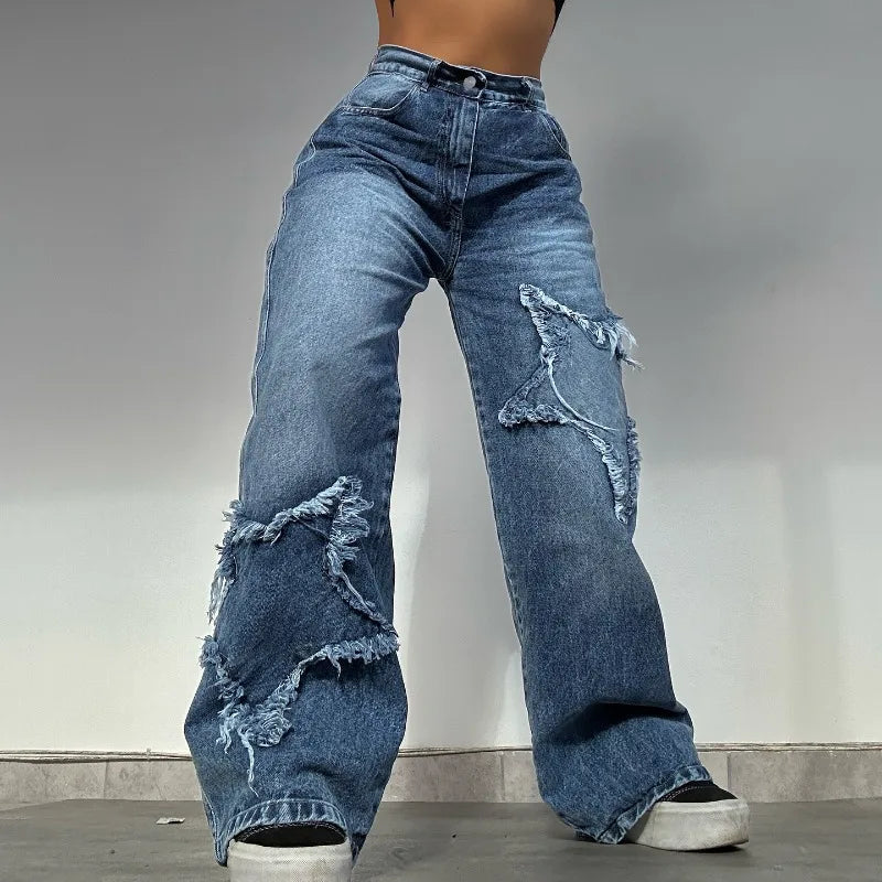 Women's High Waist Baggy Jeans with Star Embroidery in Baggy Style